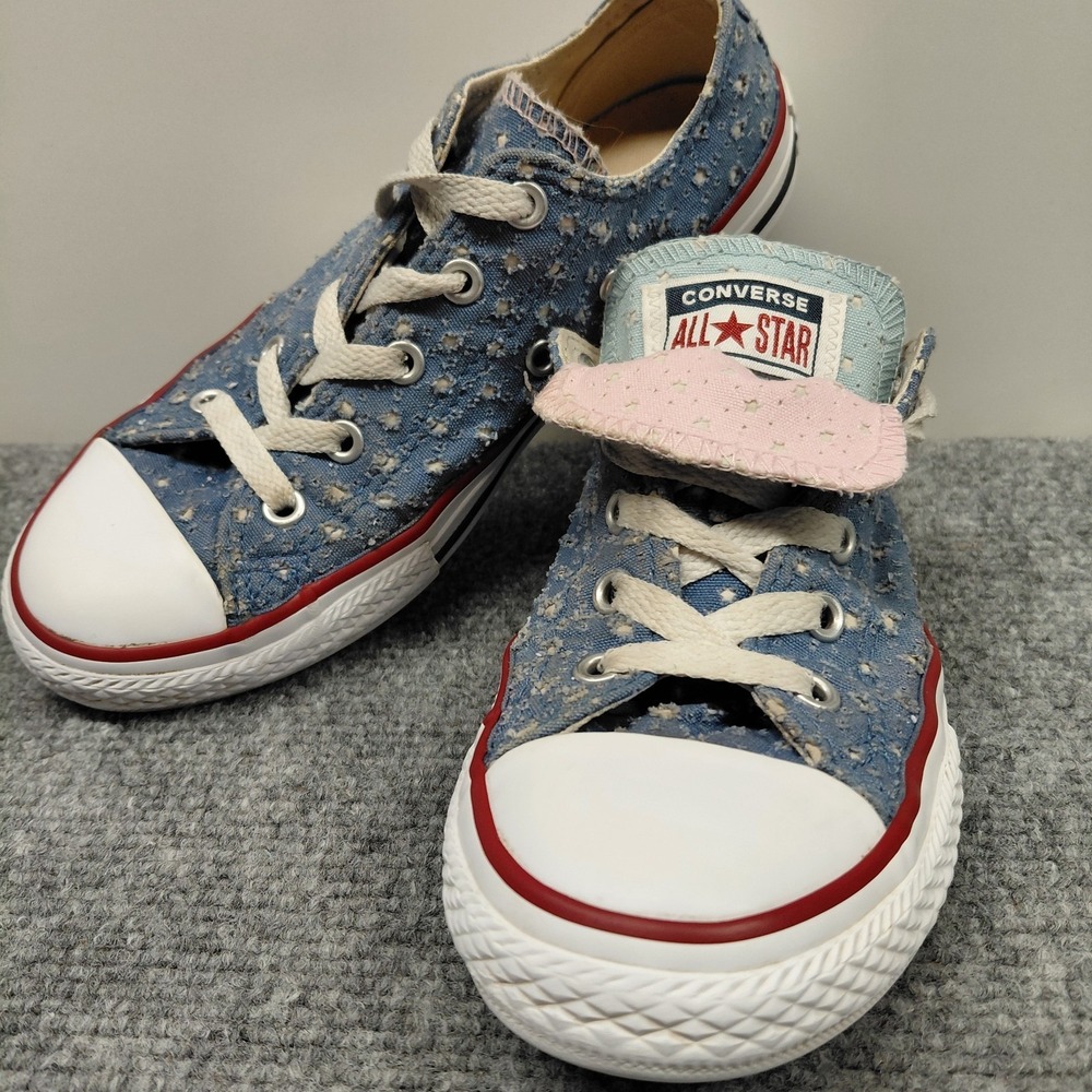 Converse All Star Double Tongue Girls Sz‎ 2 Eyelet Patriotic Red White Blue Lace